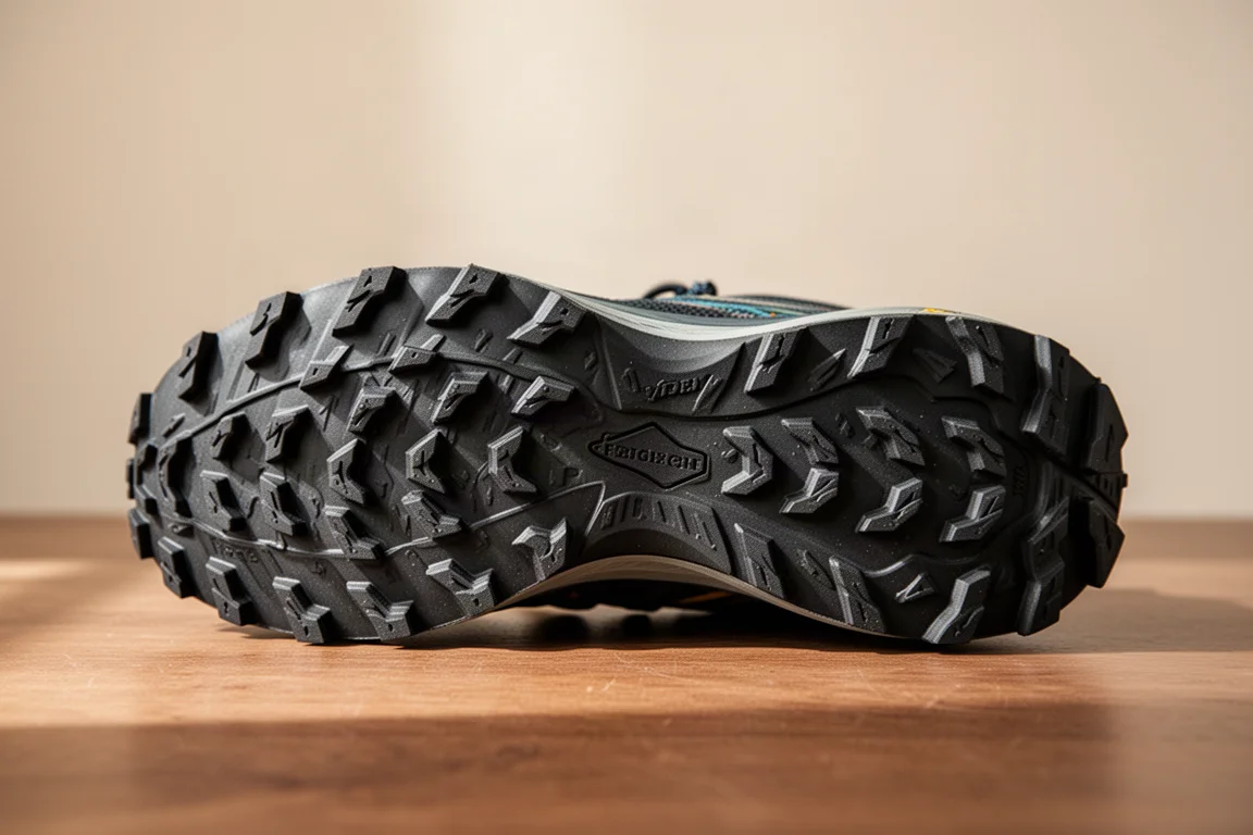 山跑鞋的 Vibram 橡膠大底,攝於拉絲木紋表面