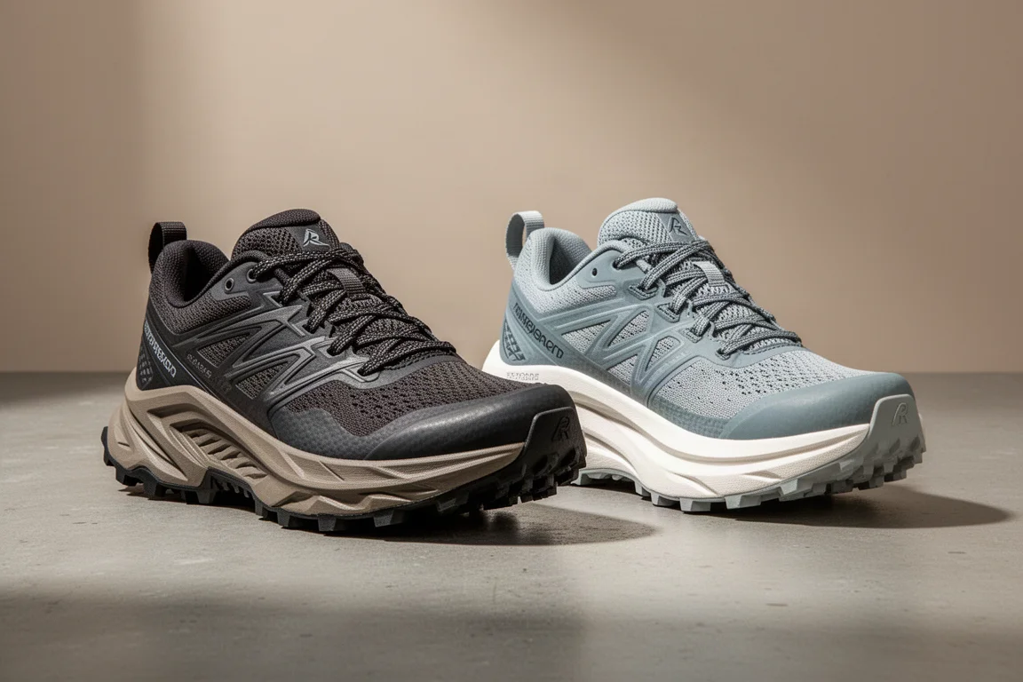 Two high-stack trail running shoes side by side on a concrete surface