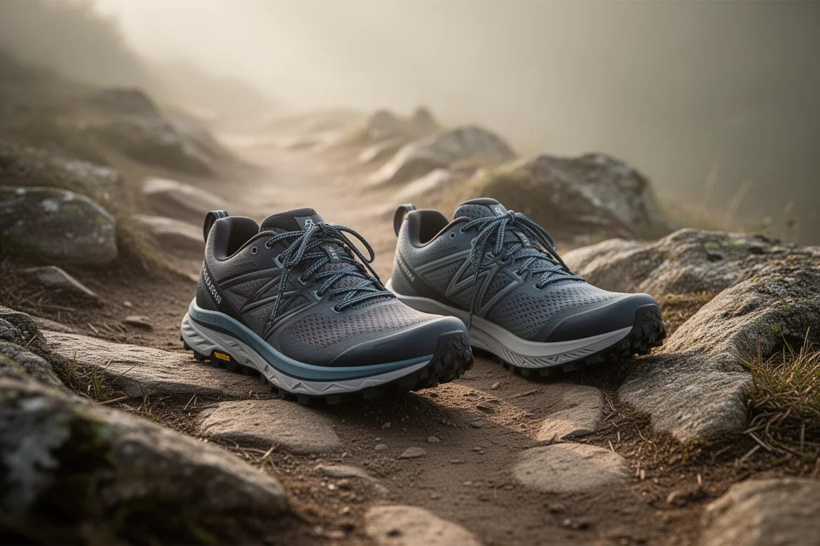 Due scarpe da trail running affiancate su un sentiero roccioso
