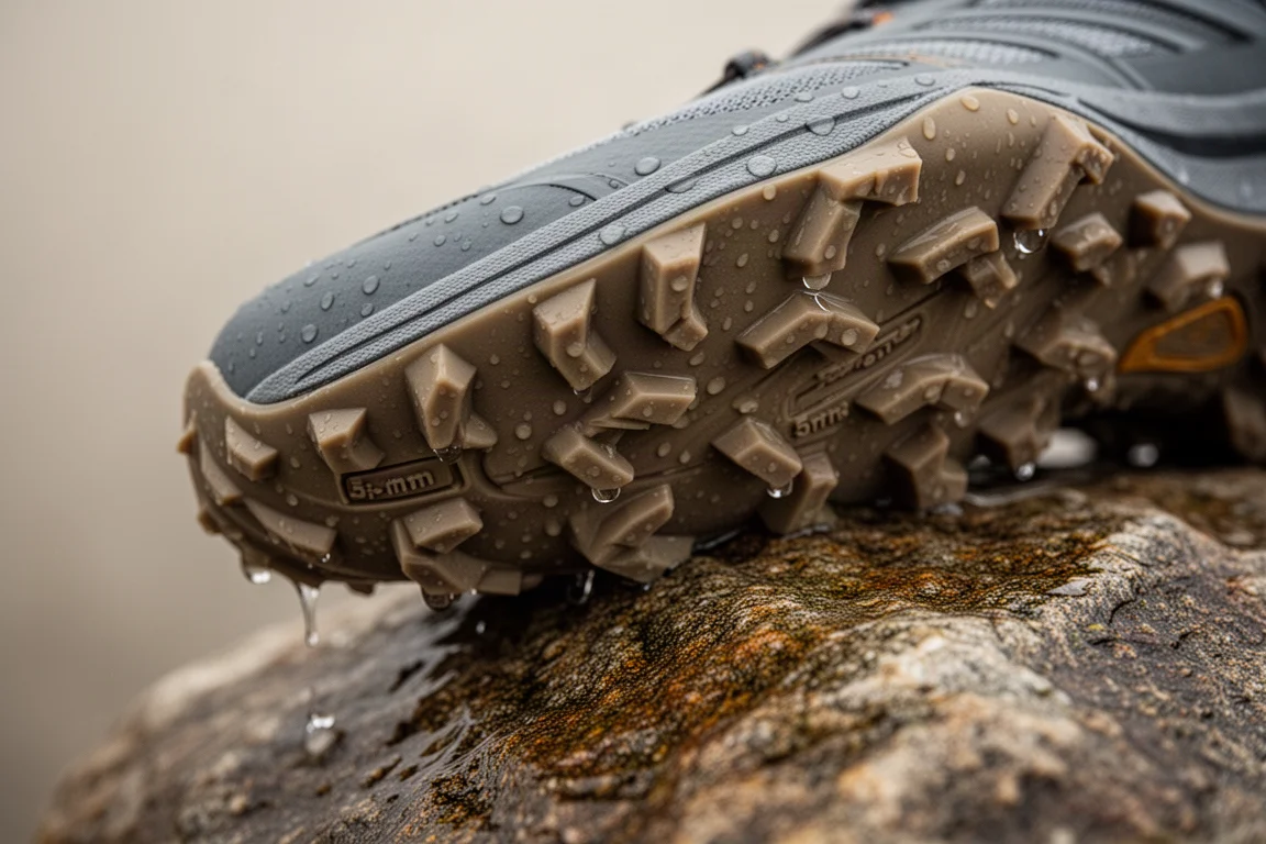 Dettaglio dei tasselli in gomma appiccicosa sulla suola di una scarpa da trail