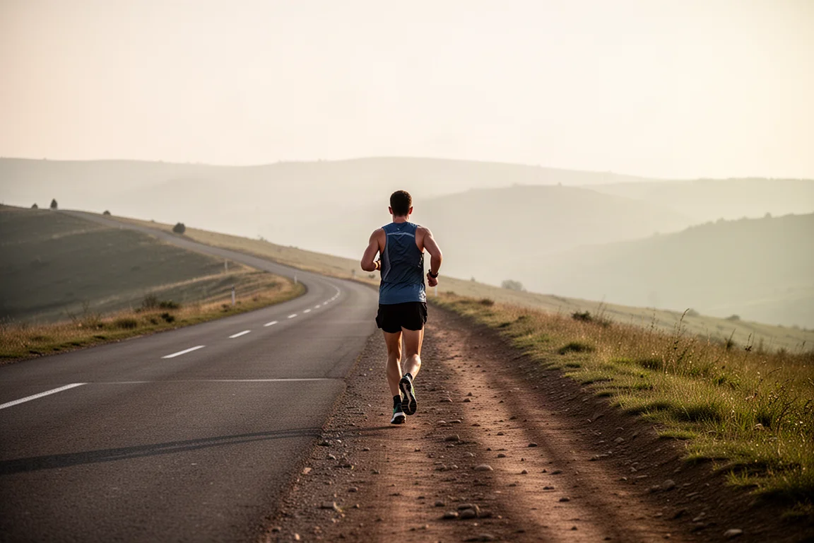 Trail runner su un sentiero di lunga distanza che alterna asfalto e sterrato