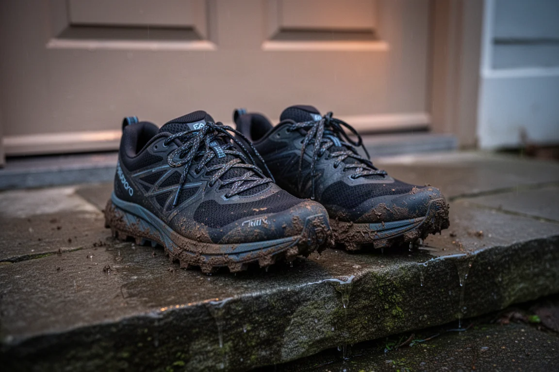 Coppia di scarpe da trail appoggiate su una soglia dopo una corsa nel fango