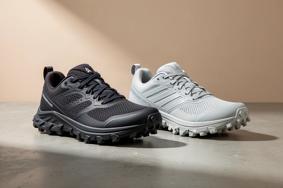 Two deeply cushioned trail running shoes side by side on concrete