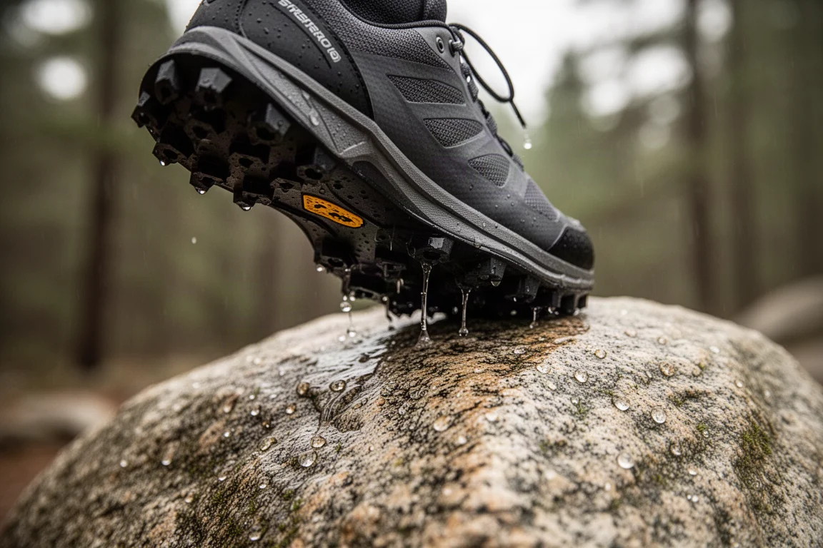 Gros plan sur la semelle crantée d'une chaussure de trail accrochant un rocher mouillé
