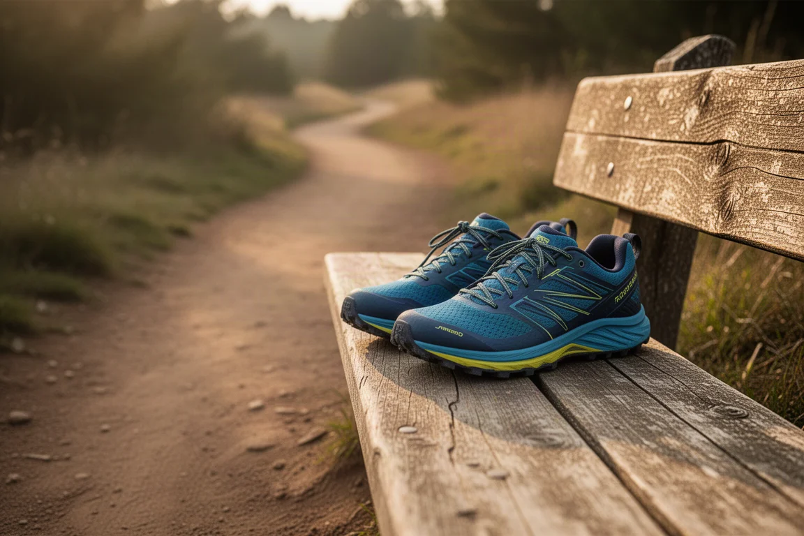 Paire de chaussures de trail posées sur un banc en bois au départ d'un sentier