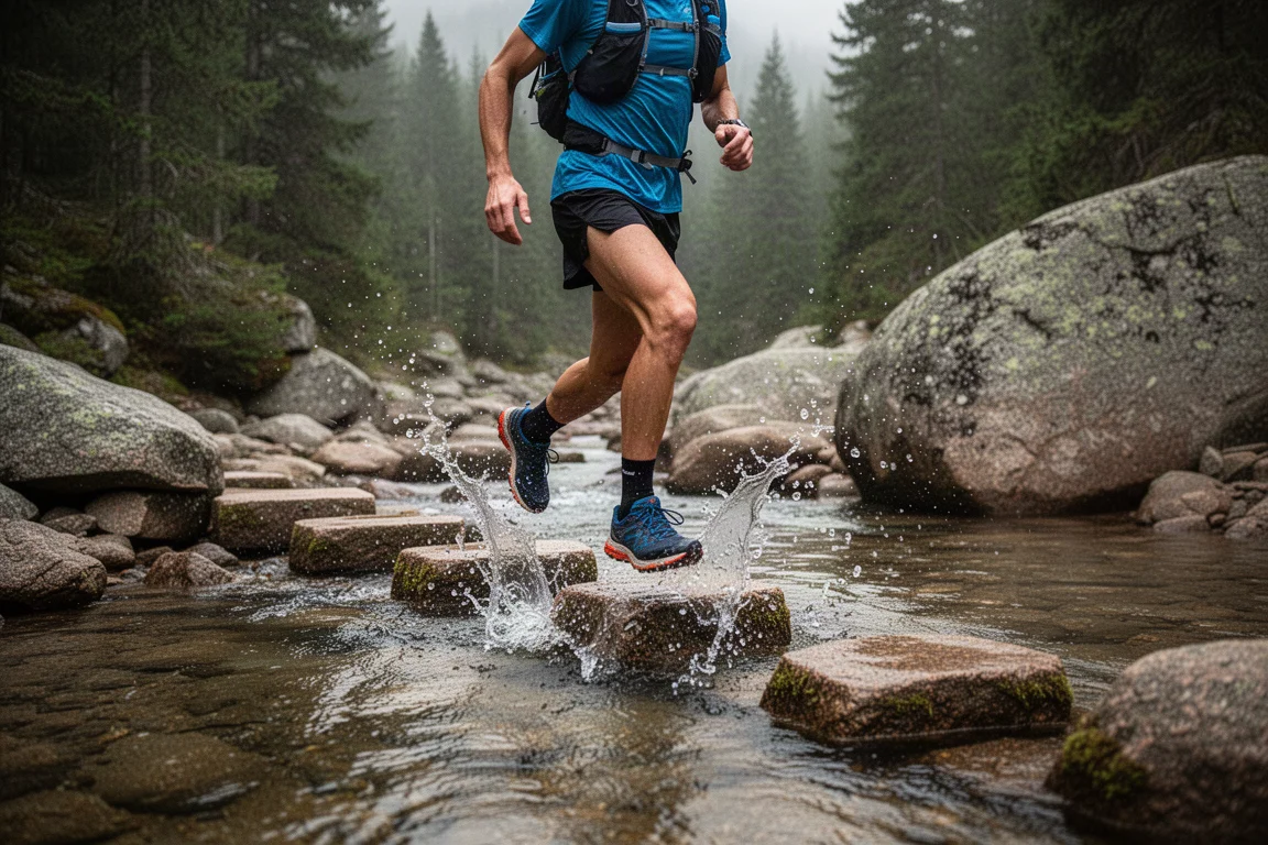 Coureur traversant un ruisseau sur le parcours d'une longue course de trail