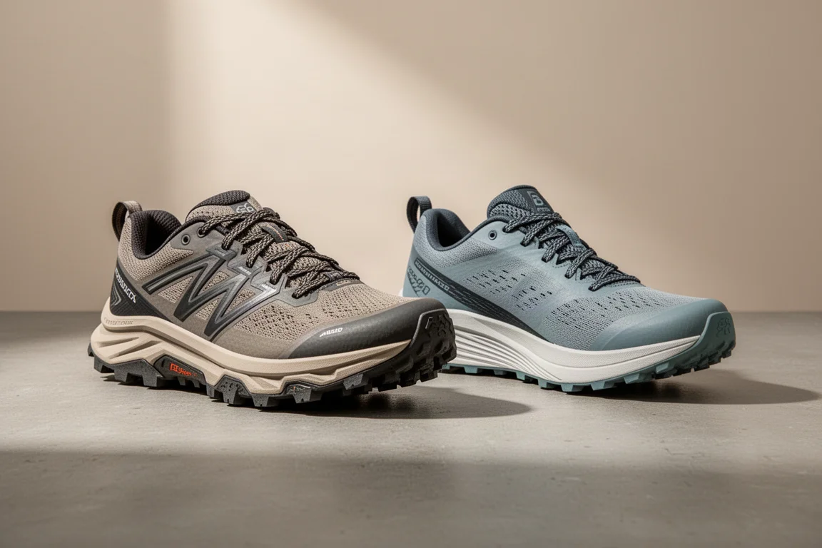 Hoka Speedgoat 5 and Saucony Endorphin Edge trail running shoes side by side
