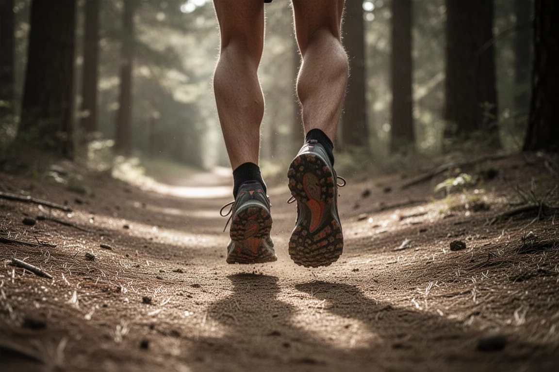 Trail runner su un tracciato di fiume prosciugato e battuto, nella luce del mattino