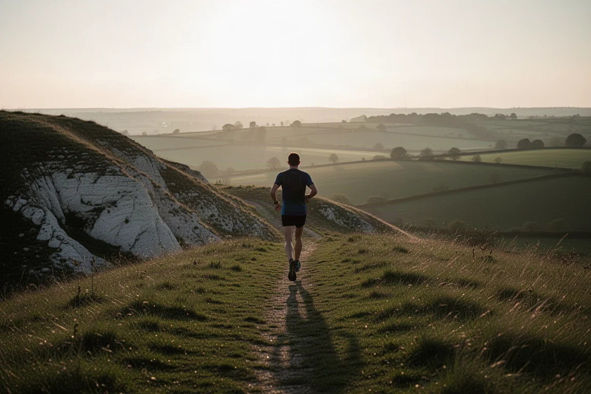 Runner che si allunga su una panchina dopo un lungo trail run al tramonto