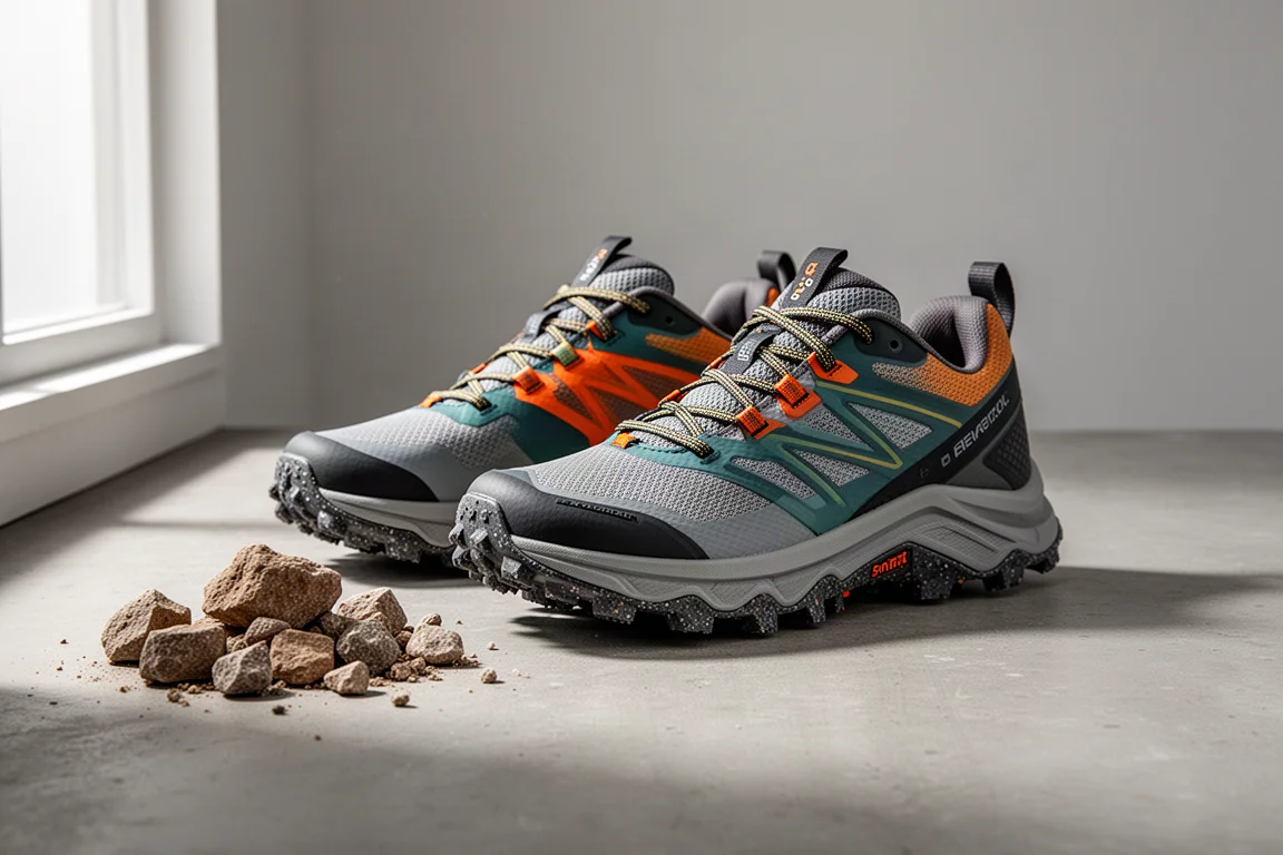 Paar Hoka Speedgoat 6 Trailrunningschuhe mit Profilaufsohle auf Beton
