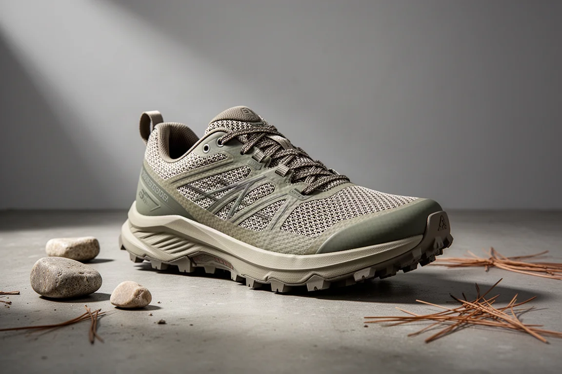 Hoka Speedgoat 6 trail running shoe on concrete with small stones nearby