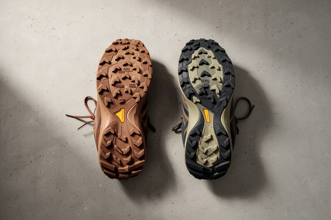 Two trail running shoes side by side on a concrete surface with visible lug patterns