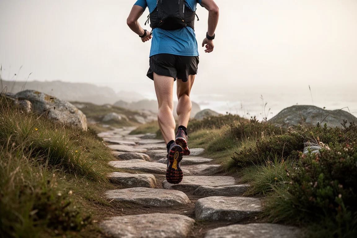 Trail runner crossing a rocky path in soft morning light