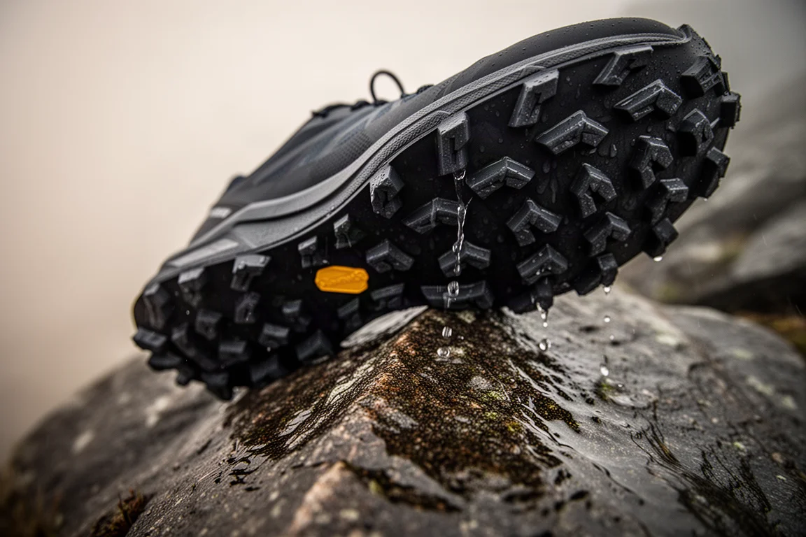 Trail shoe outsole gripping wet rock on a technical descent