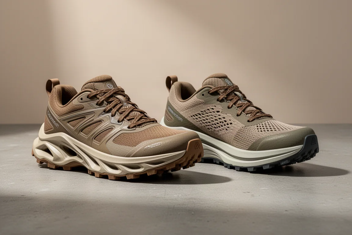 Hoka Speedgoat 6 und Saucony Exodus Ultra 3 Trailrunningschuhe nebeneinander auf Beton