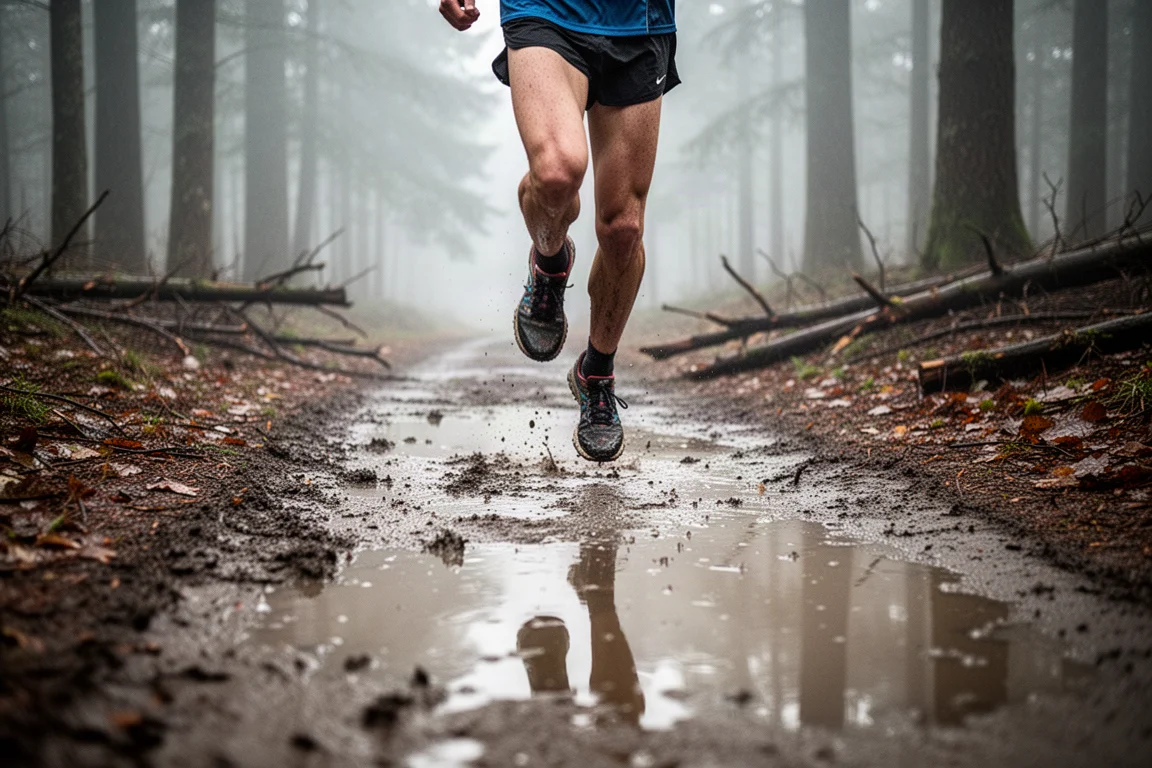 Trail runner on a wet, muddy forest path after heavy rain