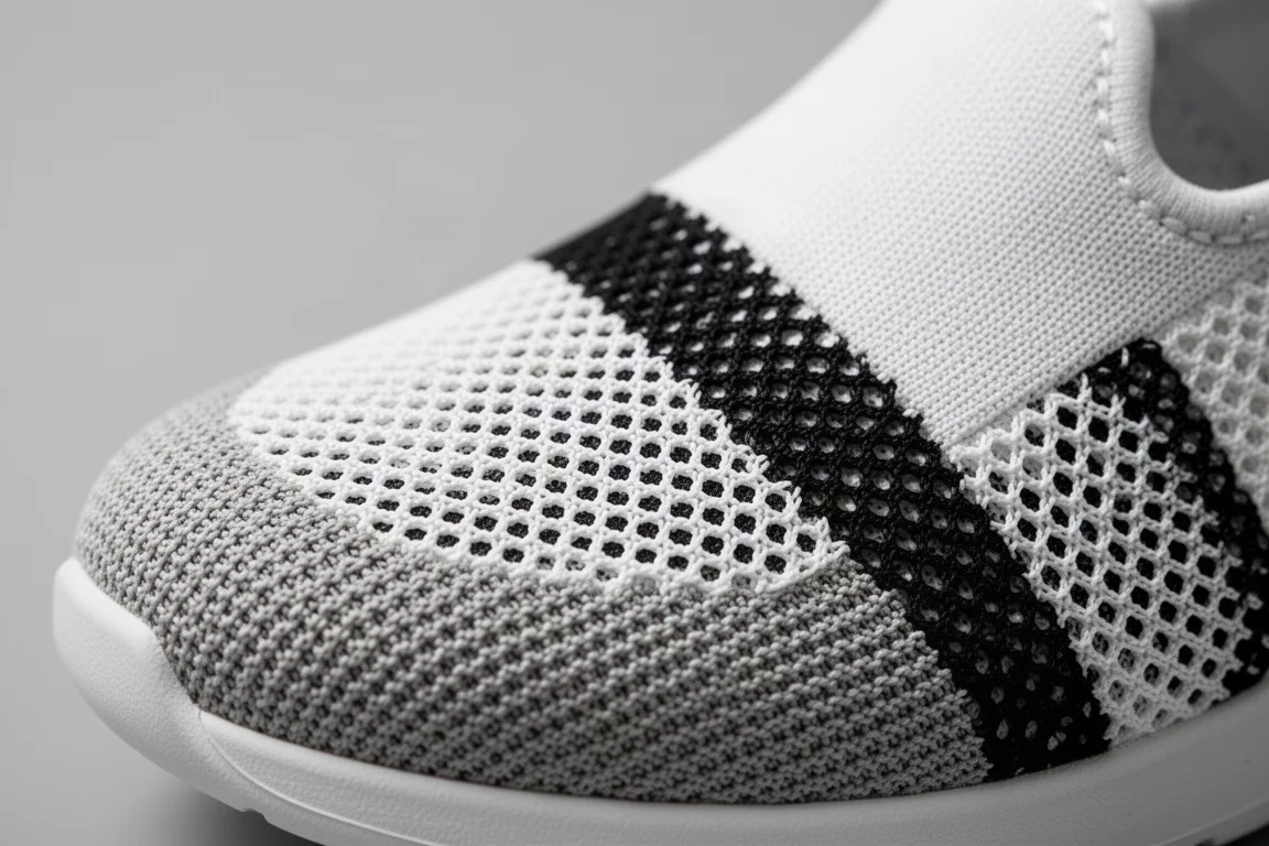 Close-up of a woven mesh shoe upper showing varied fabric textures