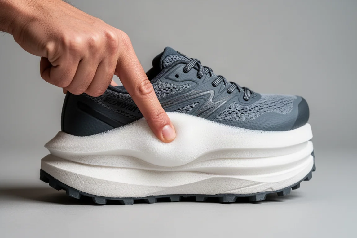 Deeply cushioned trail shoe midsole being pressed by a thumb to show foam softness
