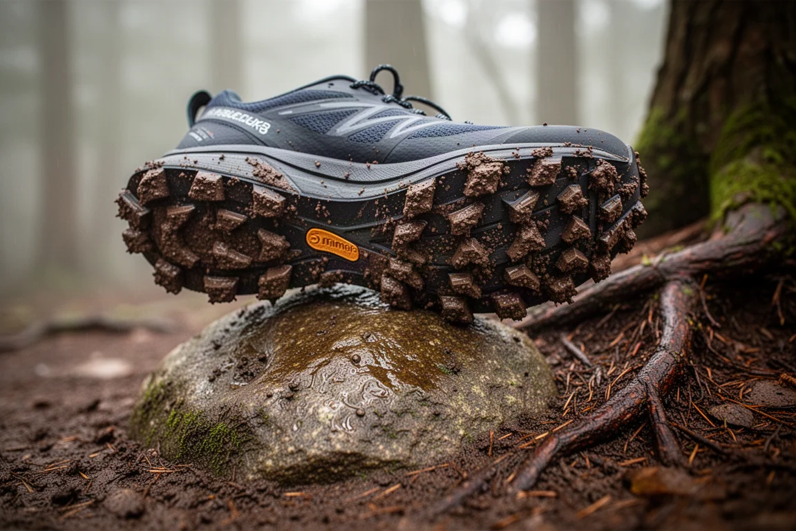 Outsole lugs caked in wet mud on a rocky forest trail