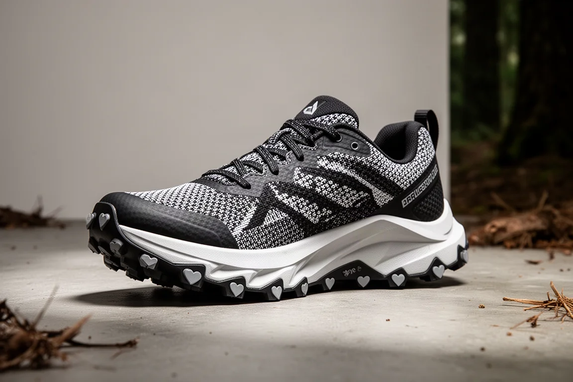 Scarpa da trail running Hoka Speedgoat 7 bianca e nera su una superficie di cemento