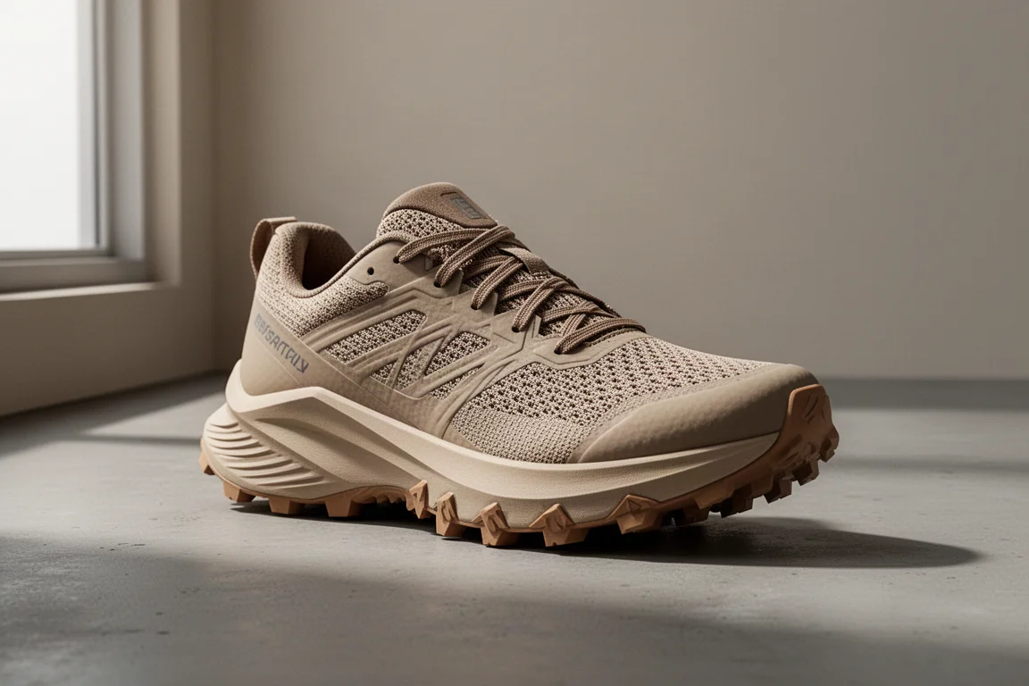 Hoka Speedgoat 7 trail running shoe with deep lugs on a concrete surface