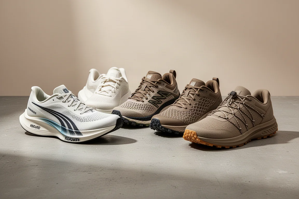 Five Hoka running shoes arranged in a row on a concrete surface