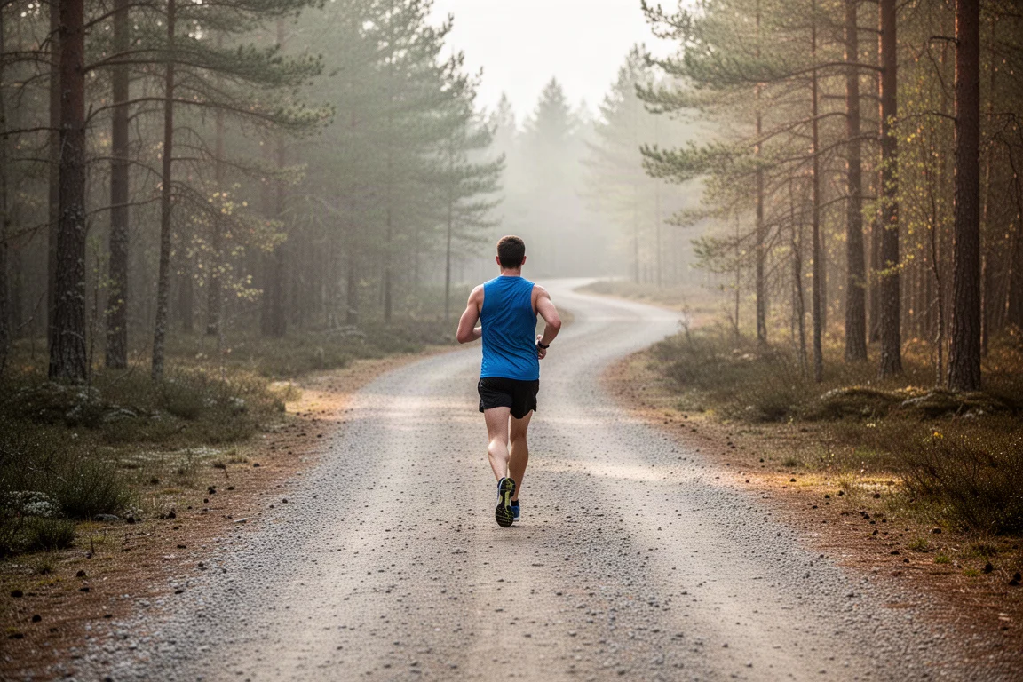 Trail runner on a wide gravel path surrounded by forest scenery