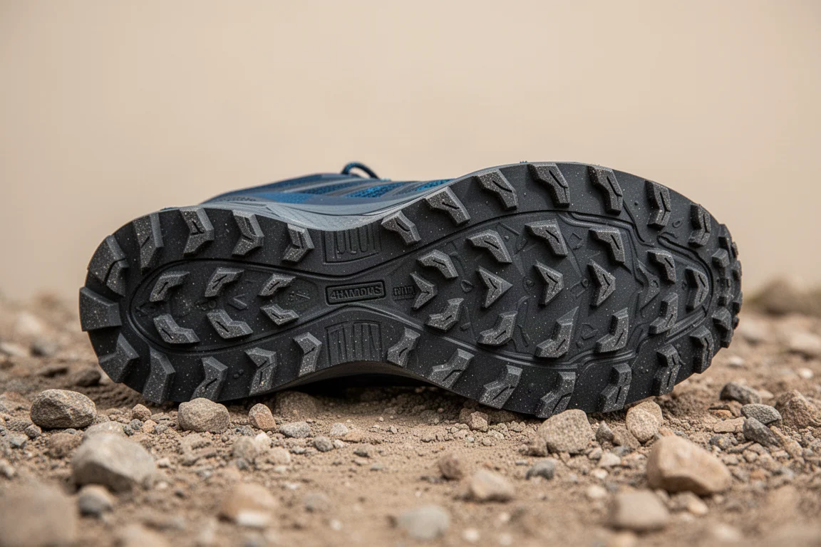 Close-up of multi-directional rubber lugs on a trail shoe outsole