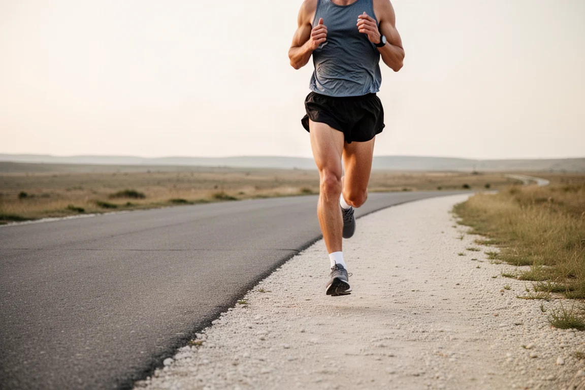 Runner maintaining a steady easy pace on a mixed road and gravel route