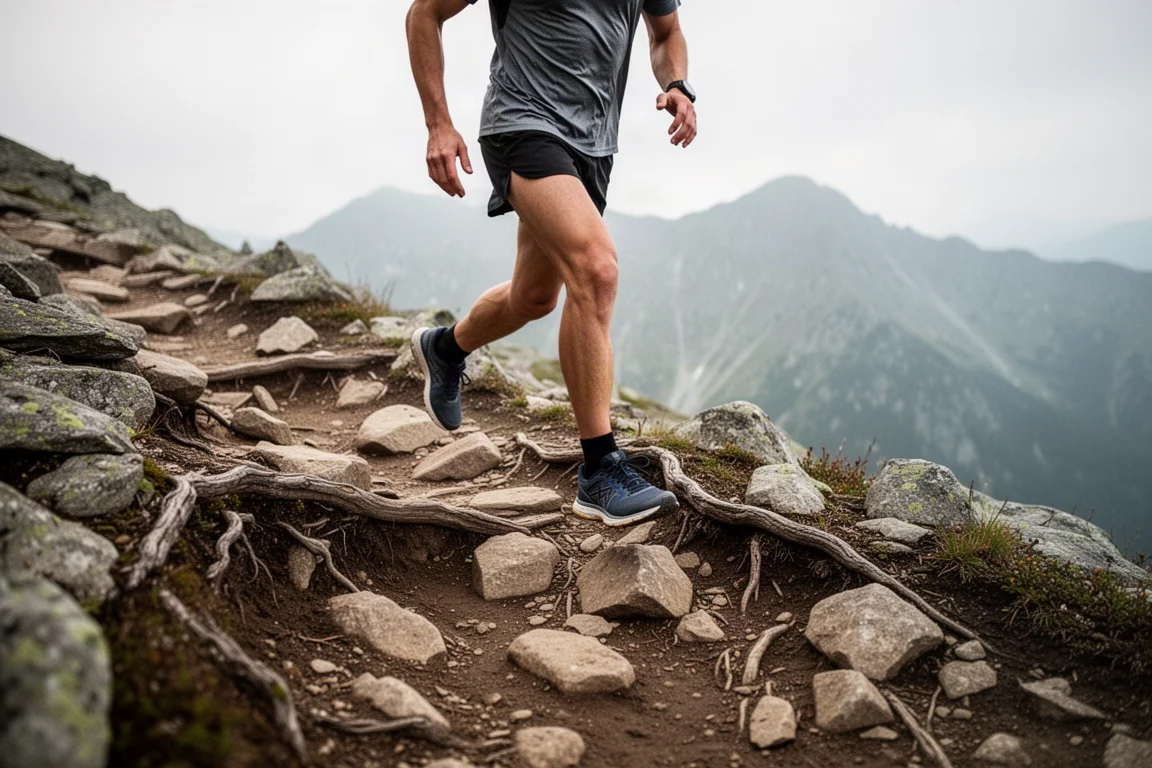 Trail runner walking a rocky, technical mountain trail section