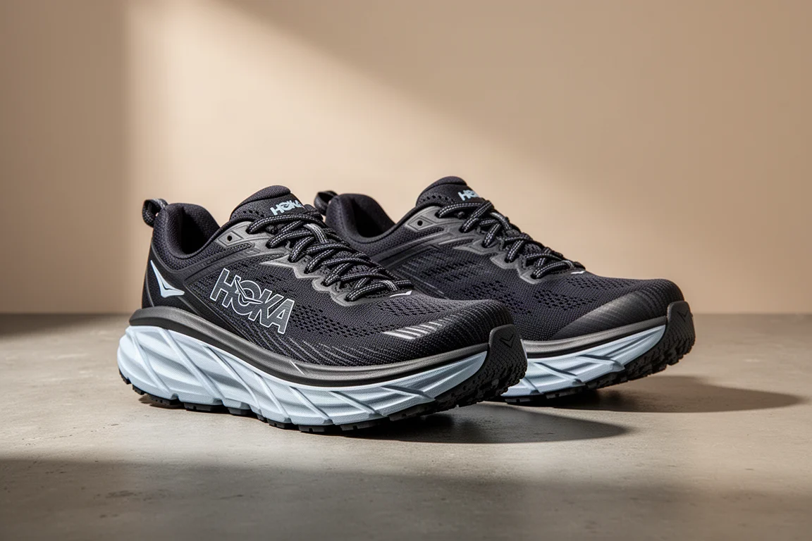 Pair of Hoka Stinson 7 running shoes on a matte concrete surface