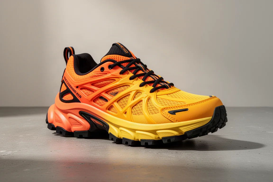 Hoka Stinson 8 max-cushion hybrid running shoe with orange gradient upper on concrete