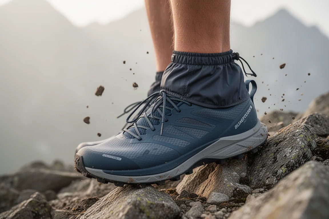 Trail runner's foot in a high-collared trail shoe on rocky mountain terrain