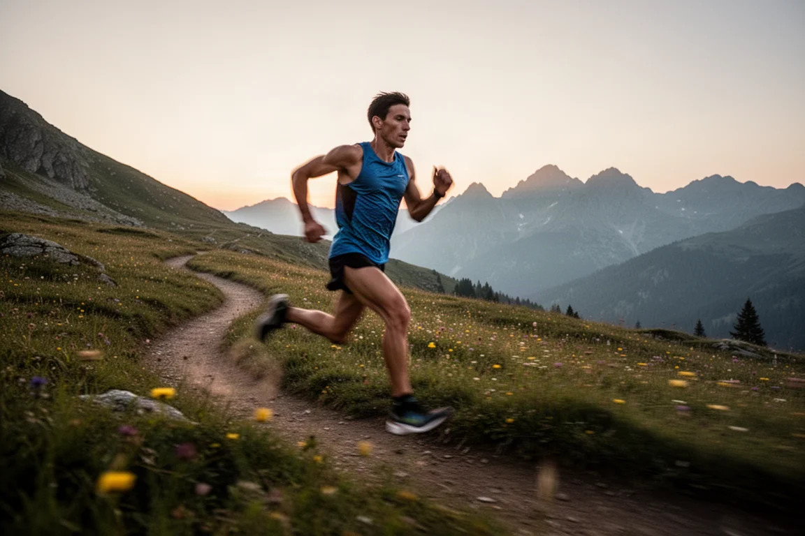 Trail runner moving quickly along a flowing mountain path at dusk