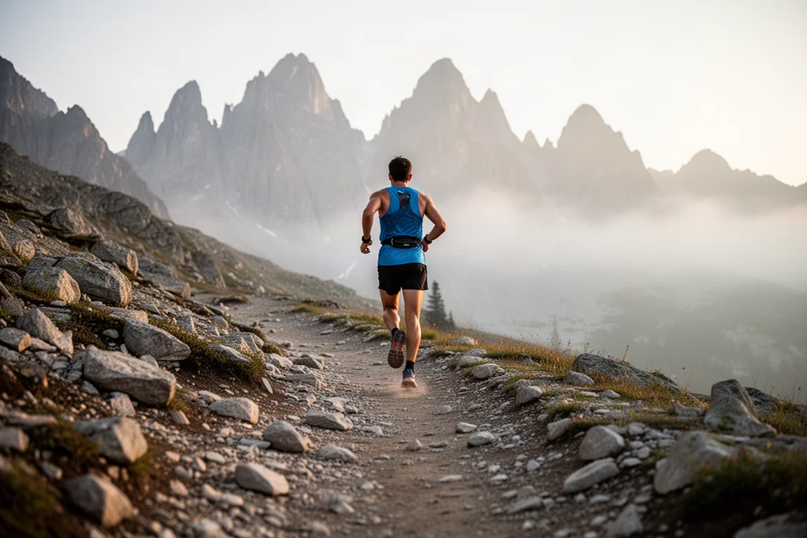 Trailrunner die in zacht ochtendlicht over een rotsachtig bergpad loopt