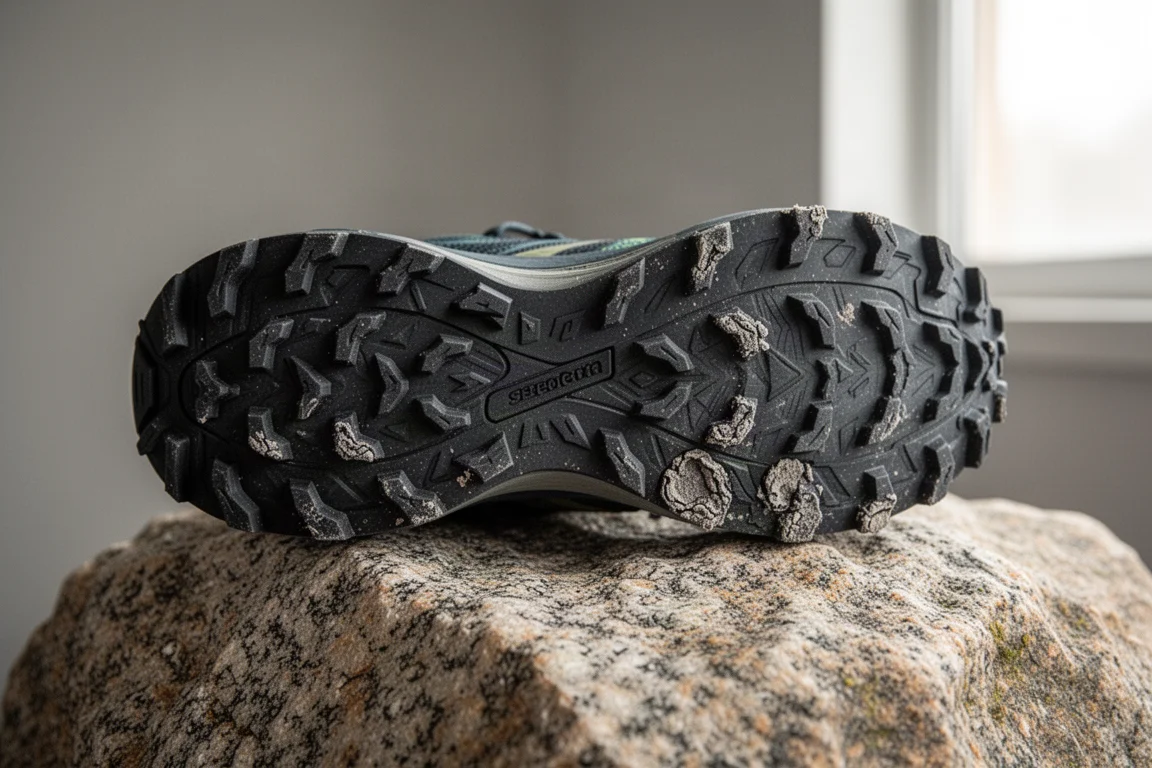 Close-up van een versleten trailzool met zichtbare slijtage van de noppen op ruwe rots