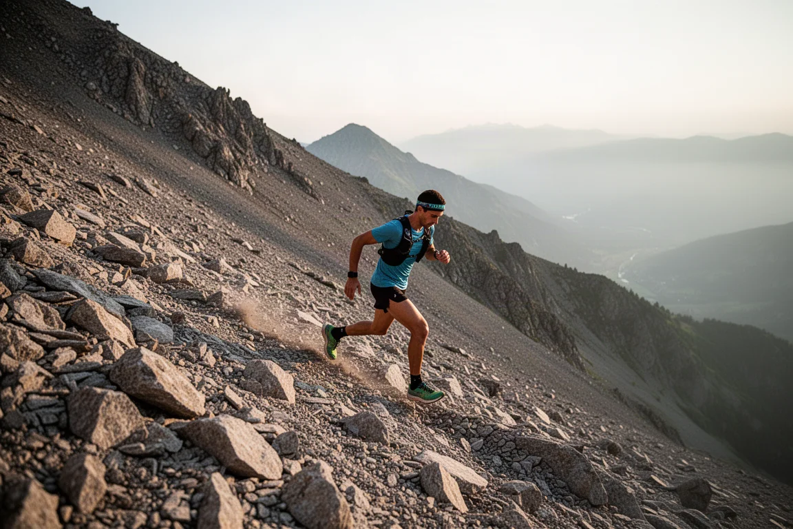 Hardloper die een steile bergtrail afdaalt met zorgvuldige tred