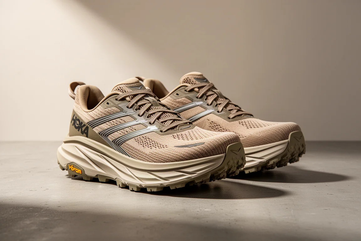 Paar Hoka Tecton X 4 Trailrunningschuhe auf einer Betonoberfläche