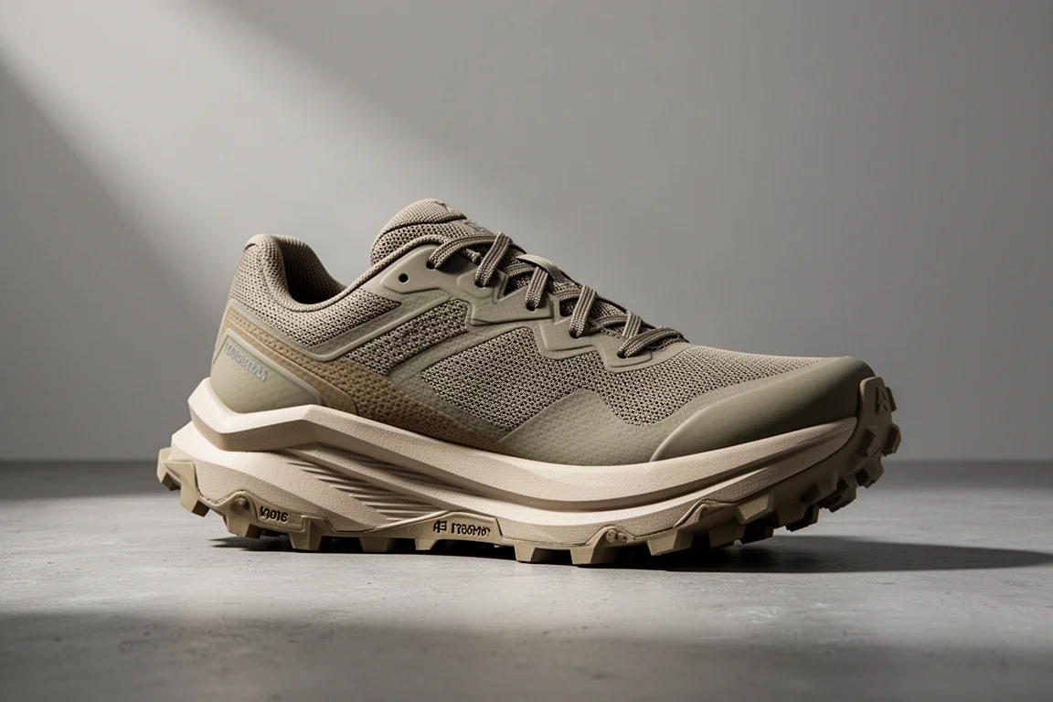 Hoka Tecton X 4 Trailrunningschuh aus drei Viertel-Perspektive vor grauem Hintergrund