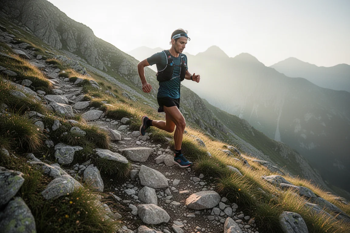 Trail runner che sale su un ripido sentiero roccioso di montagna nella luce del mattino
