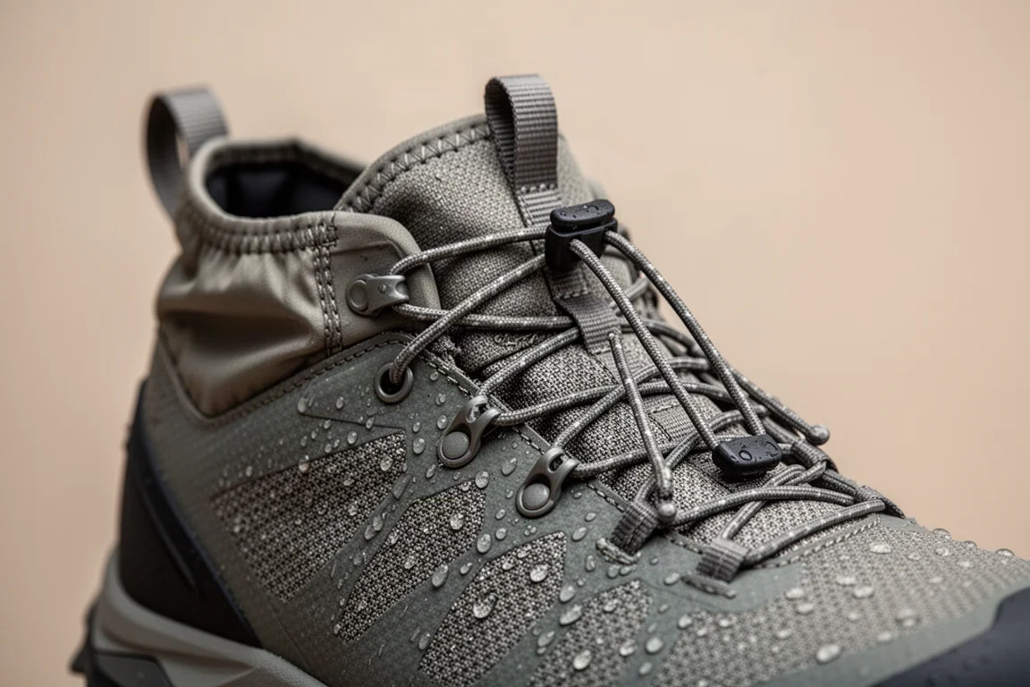 Primo piano della tomaia in maglia a rapido asciugamento di una scarpa da trail con sistema di lacci