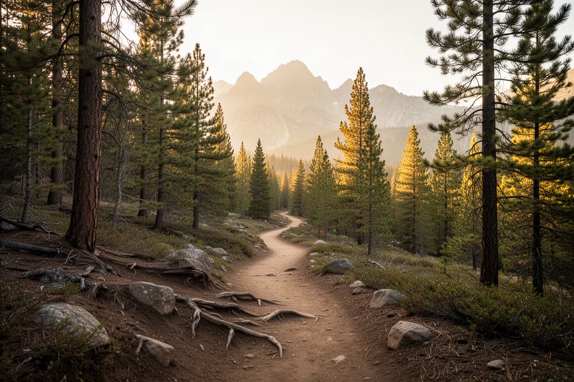 Lungo singletrack che serpeggia nel bosco verso montagne lontane