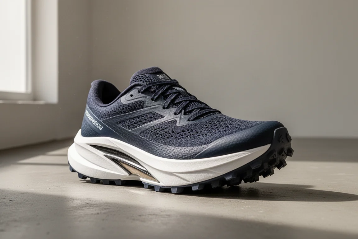 Hoka Tecton X trail running shoe on a matte concrete surface