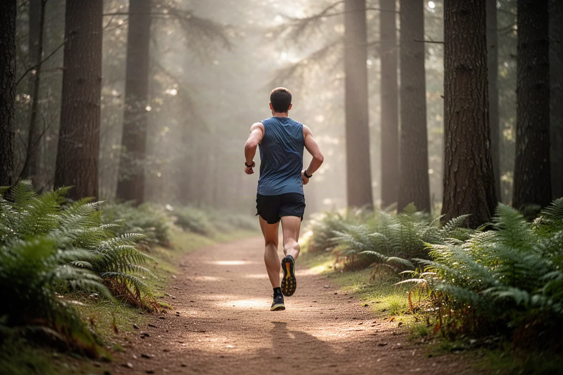 Trailrunner op een verharde bospad in zacht ochtendlicht