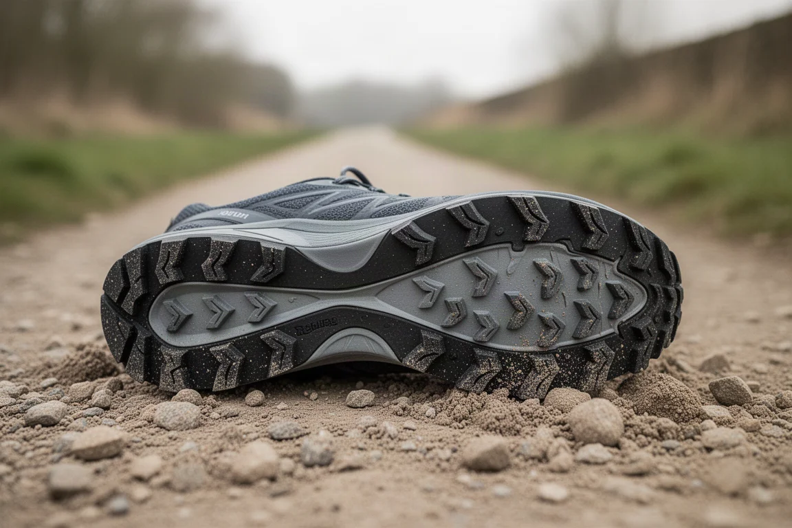 Close-up van een geprofileerde trailschoenzool die los grind grijpt op een jaagpad