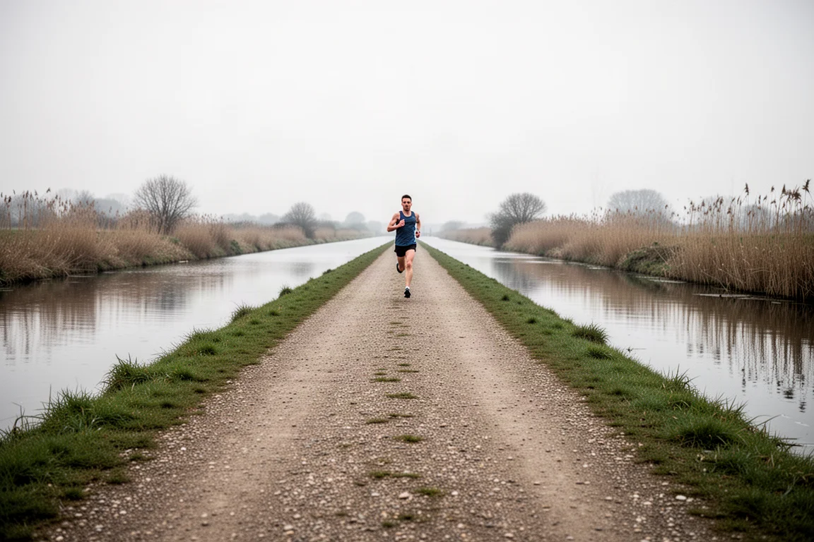 Jaagpad langs een kanaal dat doorloopt onder een bewolkte hemel, in de verte een runner
