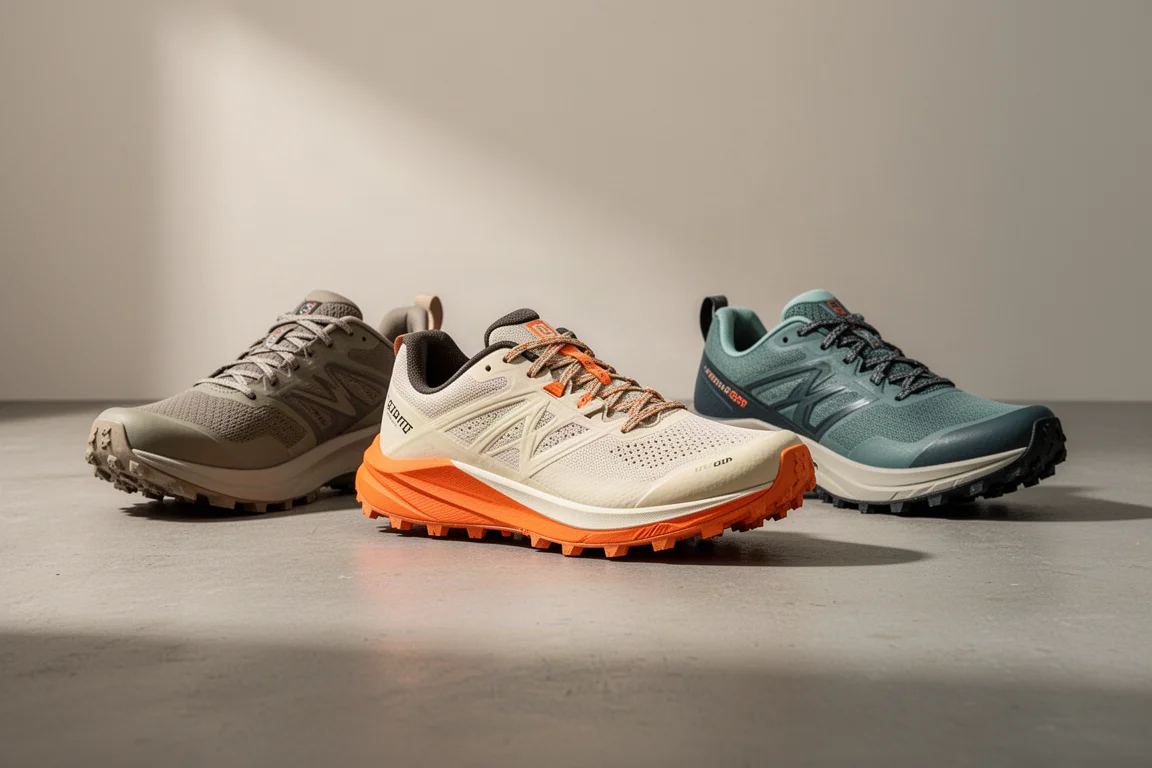 Three trail running shoes side by side on a concrete surface