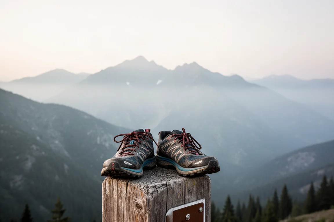 Trailskor som vilar vid ett trailhead med berg i bakgrunden