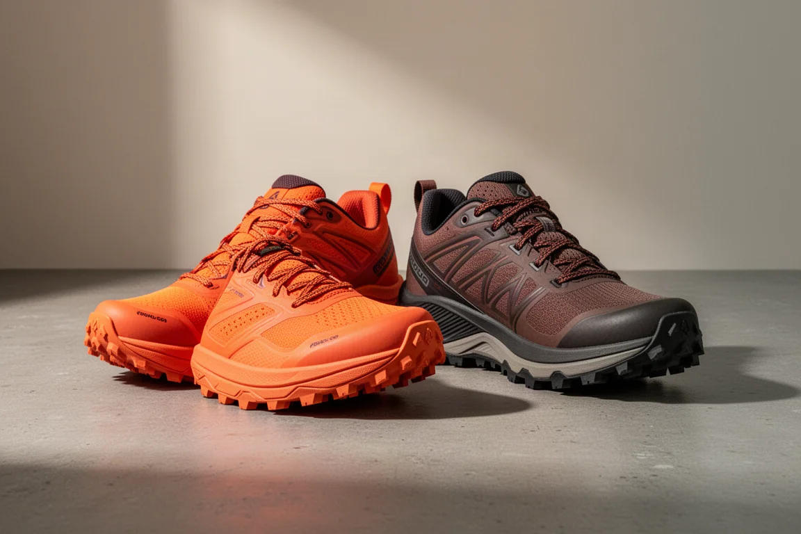 Scarpe da trail running Hoka Tecton X e Speedgoat 5 affiancate su cemento