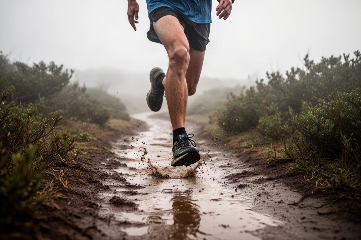 Trailrunner die zich een weg baant over een nat, modderig smal pad in zacht licht